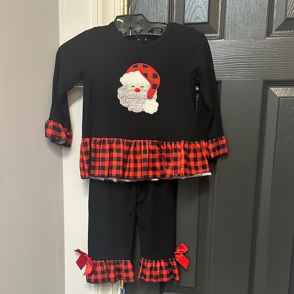 Plaid Trim Santa Kids Pajama Set